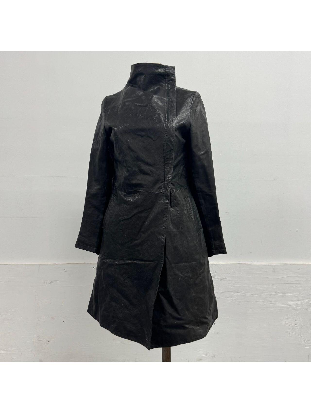Italian Vintage Black Funnel Neck Avant Garde Trench Leather Jacket